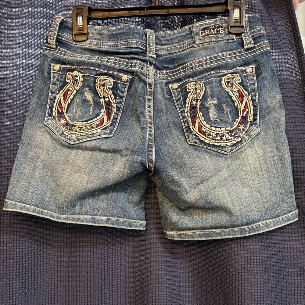 Grace in LA Americana Horse Shoe Mid Rise Jean Shorts Red White Blue Medium Wash